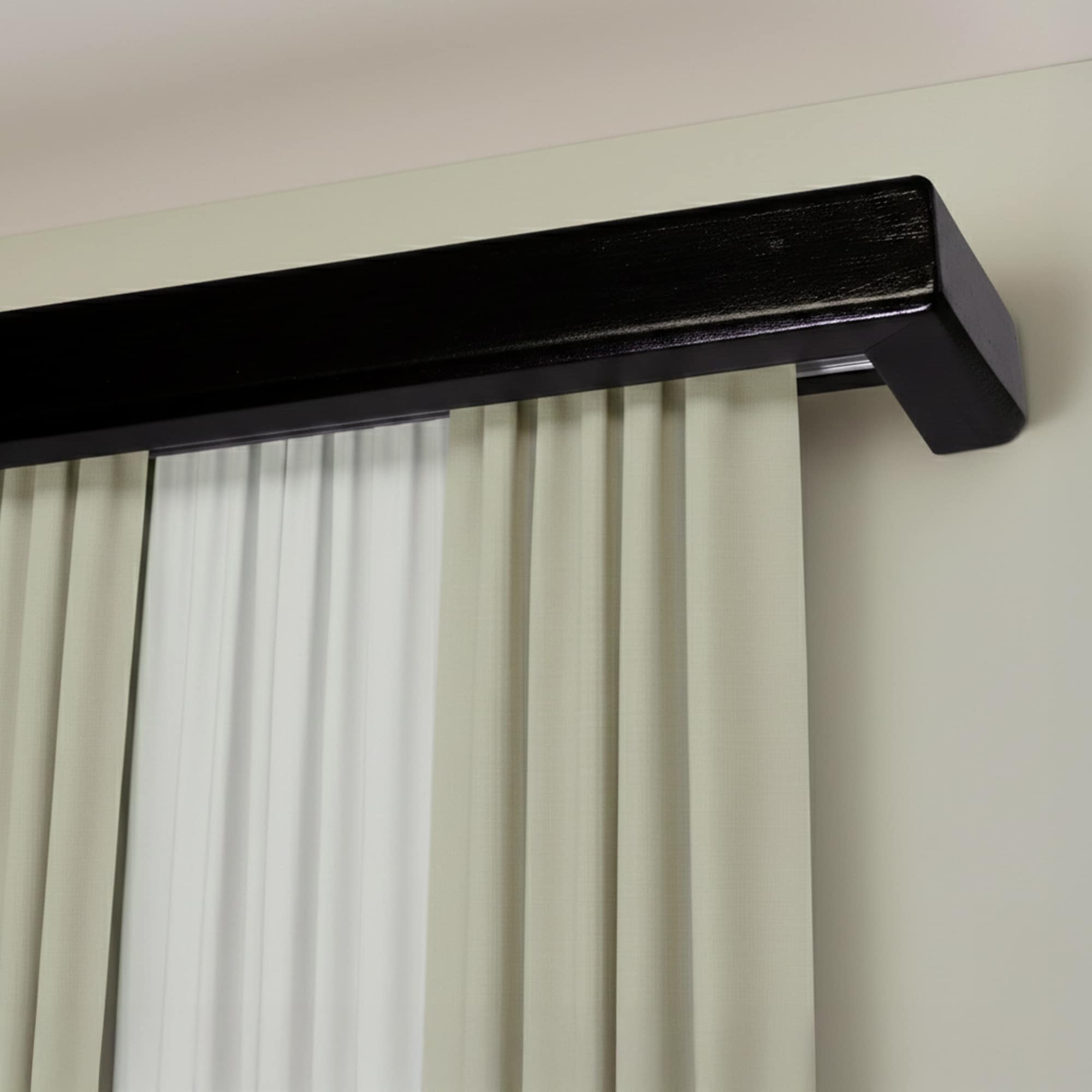 Curtain and drape track system with square wooden valance