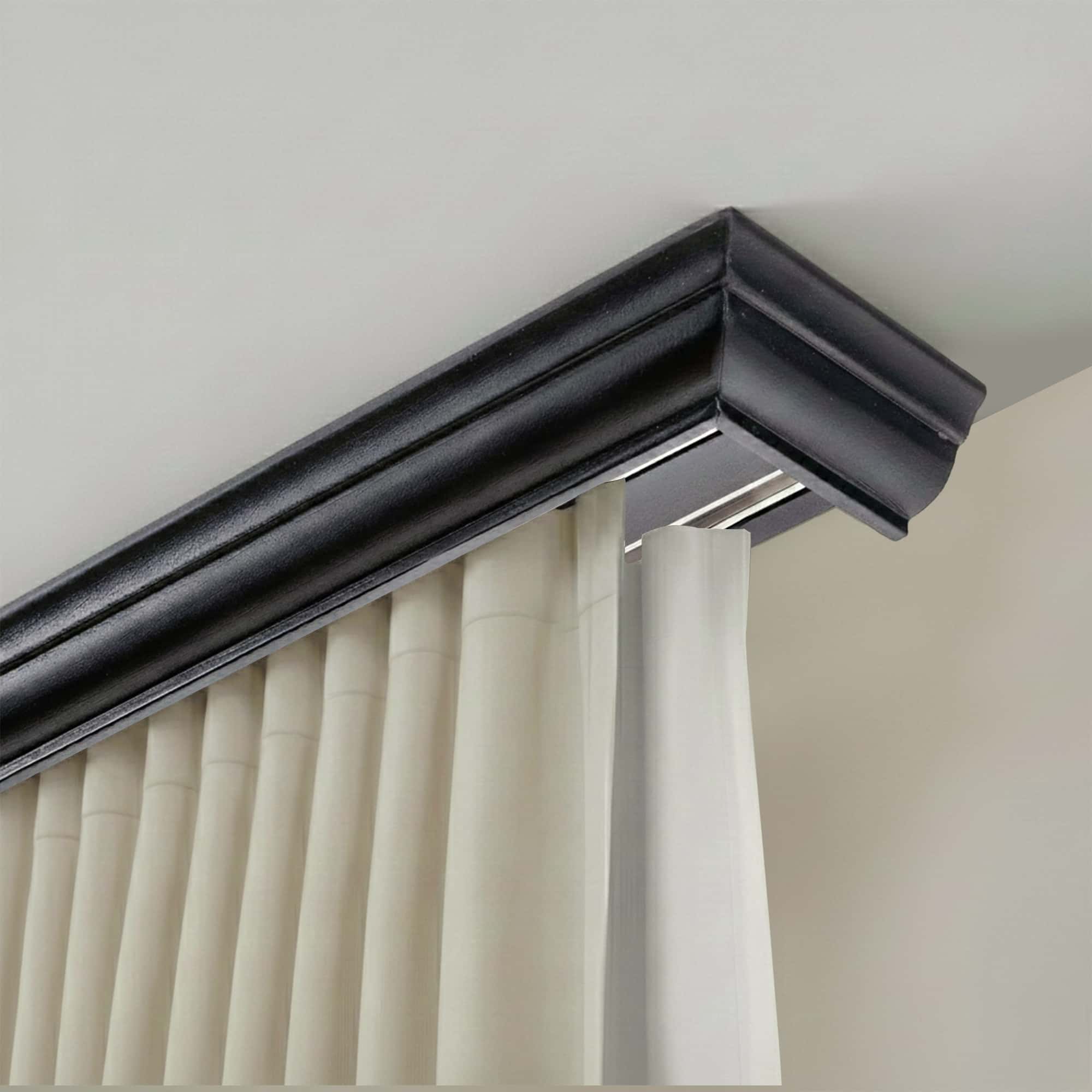 Filip rail de rideau en bois massif avec cantonnière décorative en bois, coloris Noir, et rail aluminium intégré, pour montage au plafond-Black-Ceiling