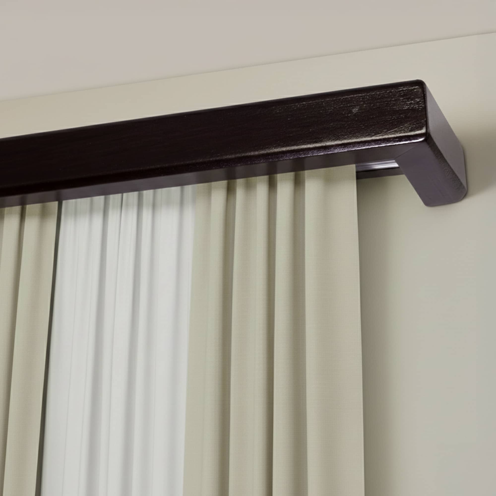 Curtain and drape track system with square wooden valance