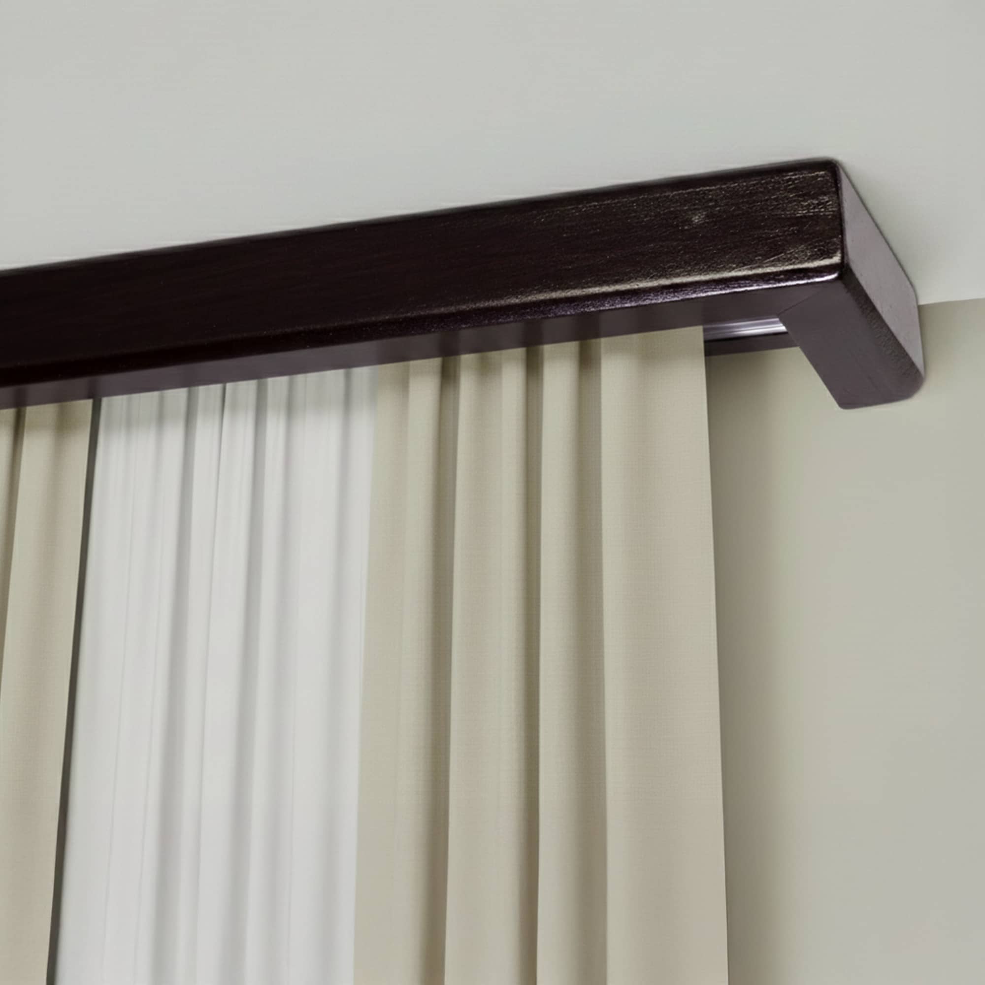 Curtain and drape track system with square wooden valance