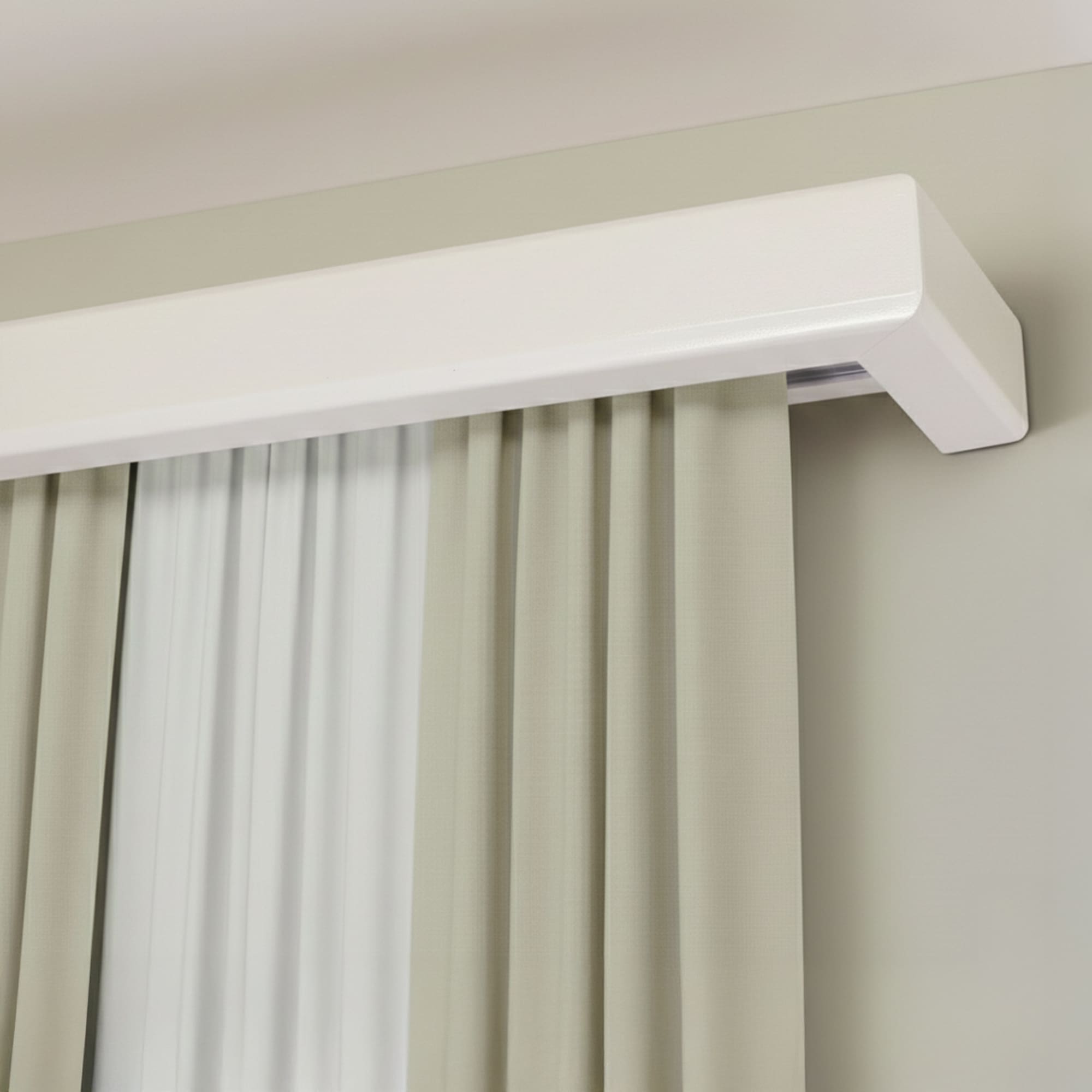 Curtain and drape track system with square wooden valance