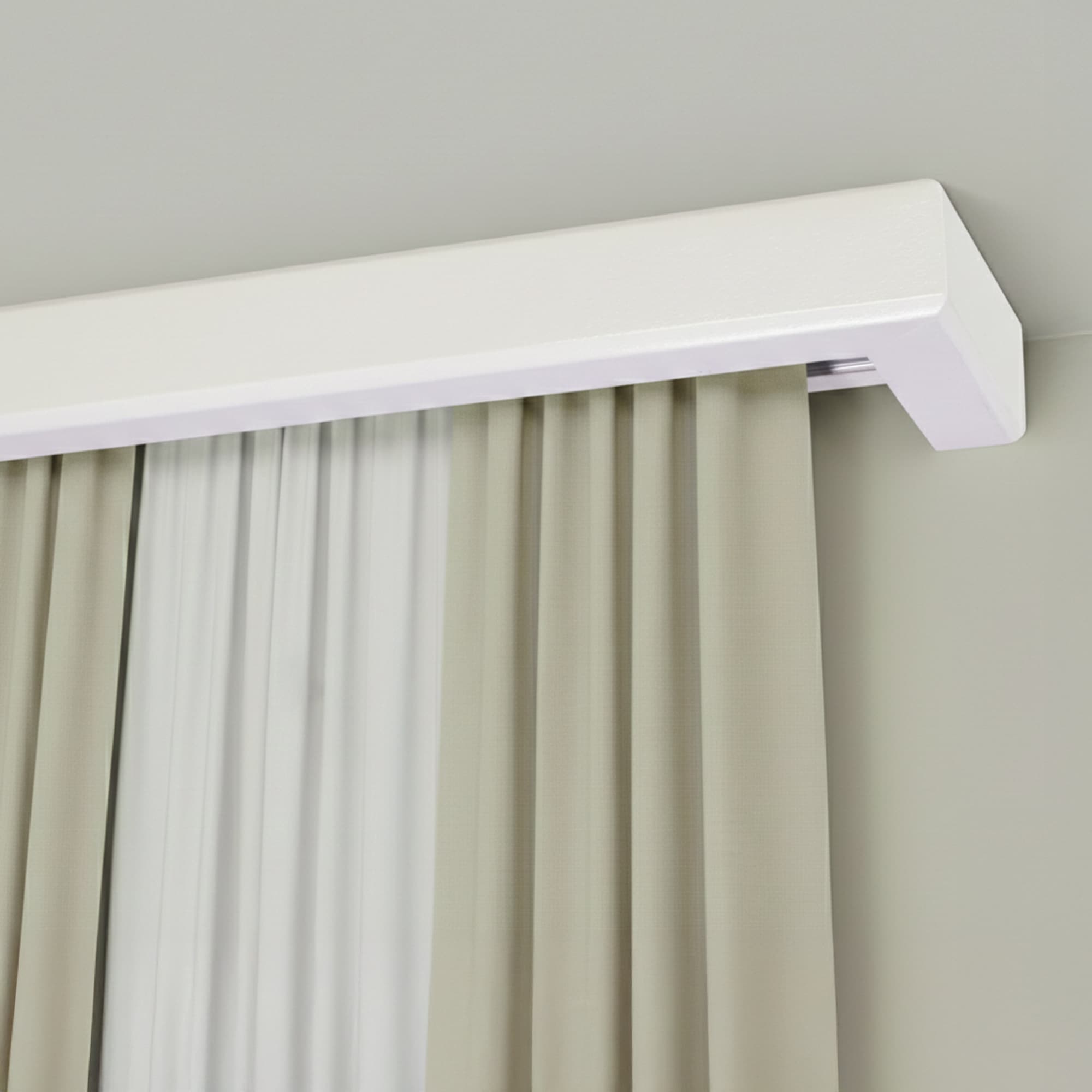 Curtain and drape track system with square wooden valance