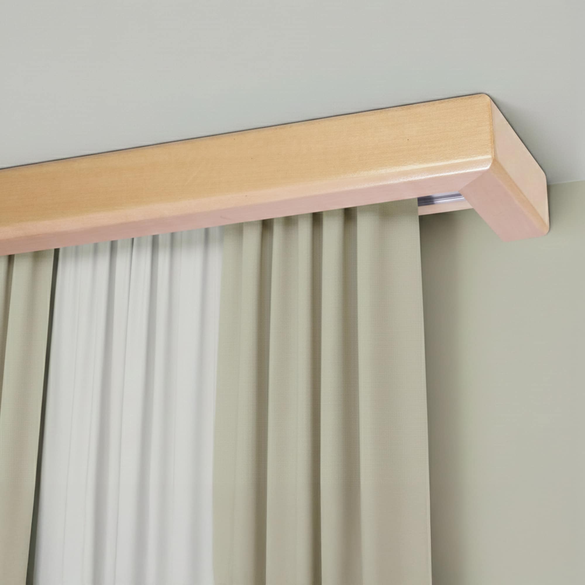 Curtain and drape track system with square wooden valance