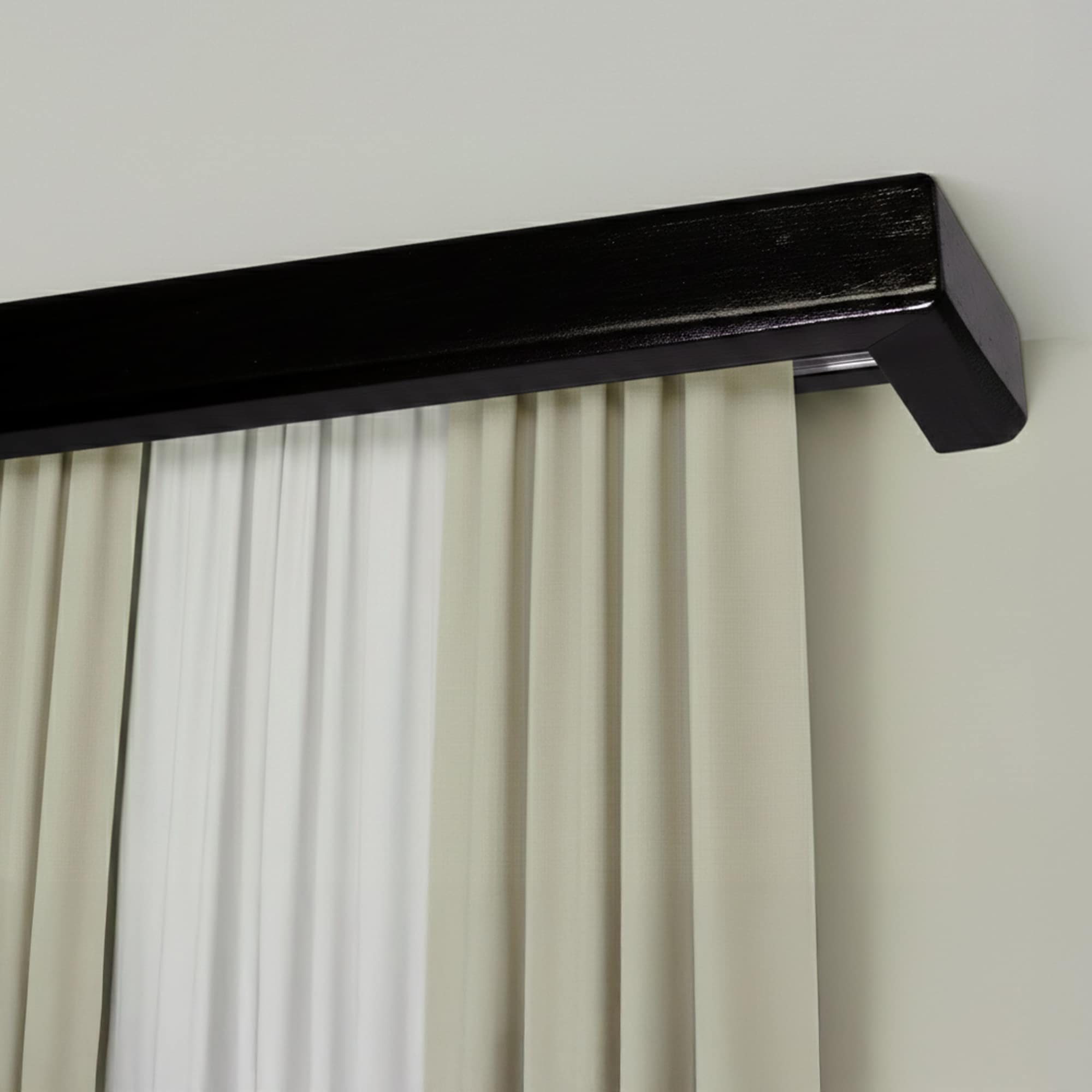 Curtain and drape track system with square wooden valance