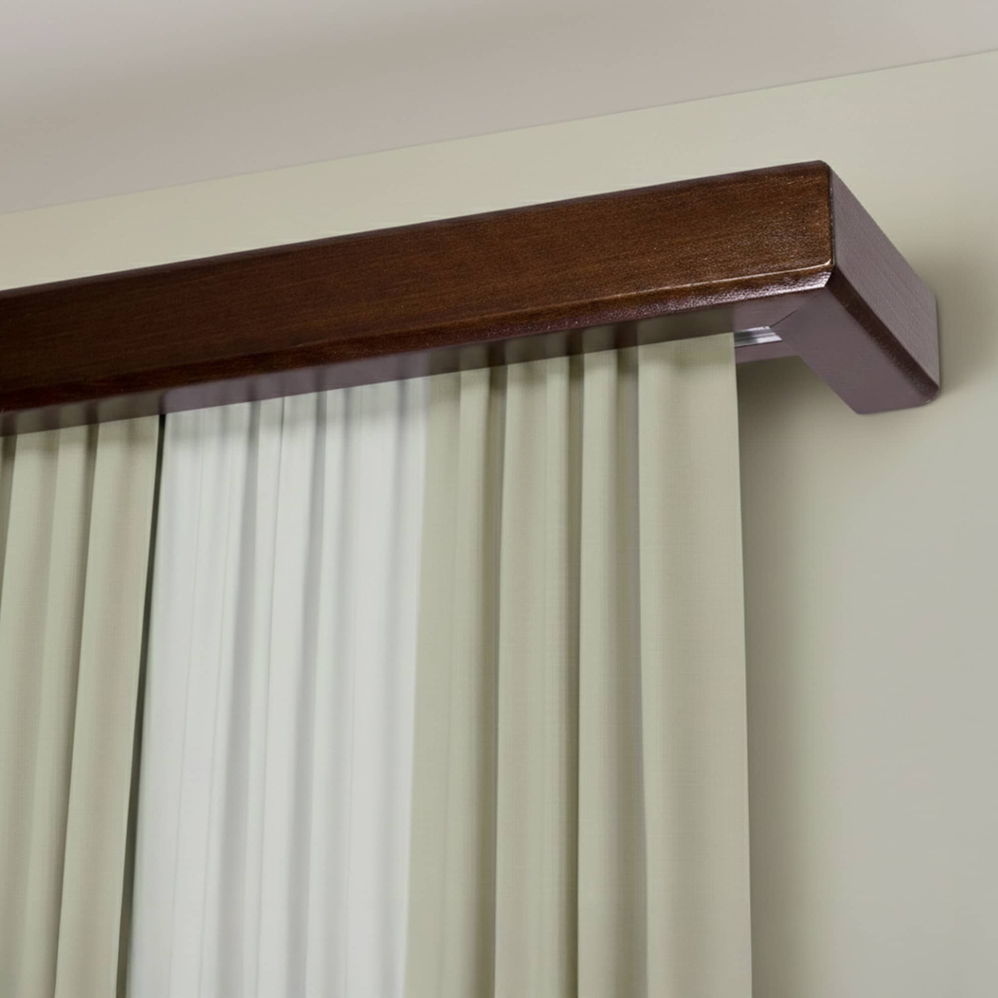 Curtain and drape track system with square wooden valance