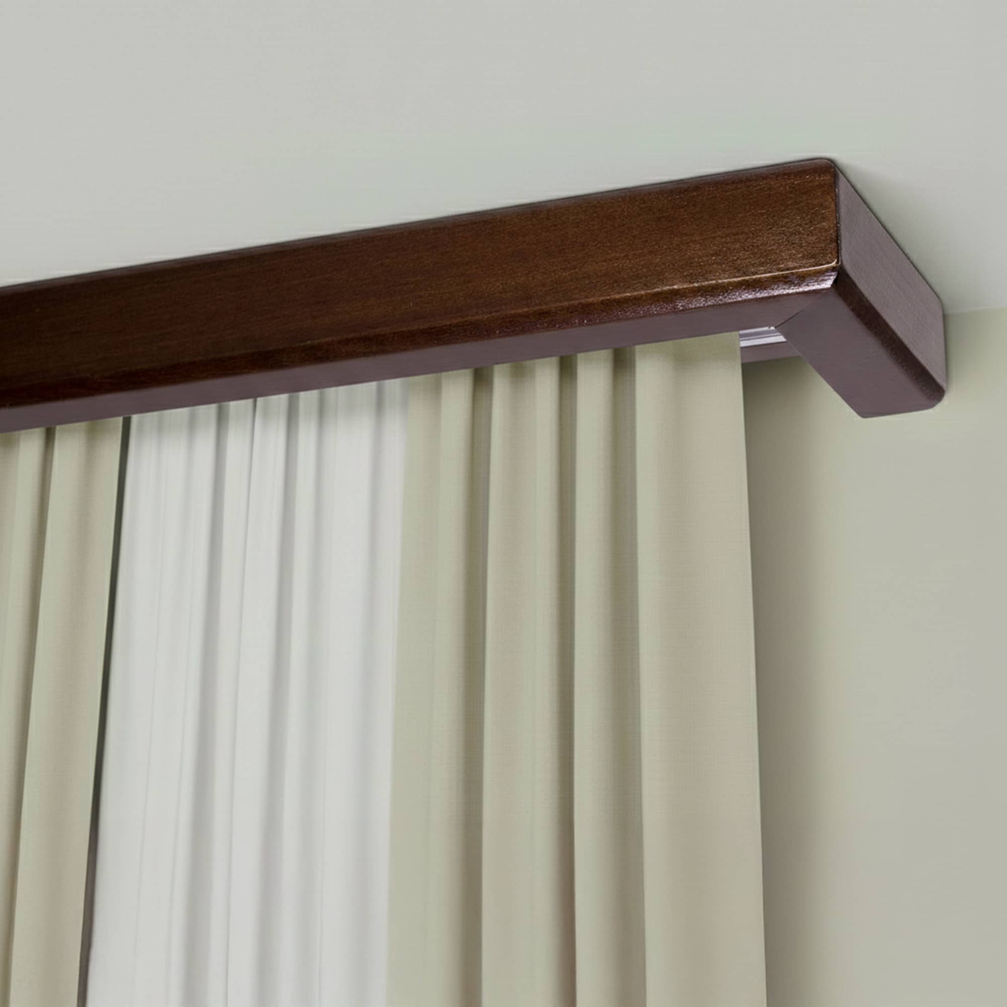 Curtain and drape track system with square wooden valance