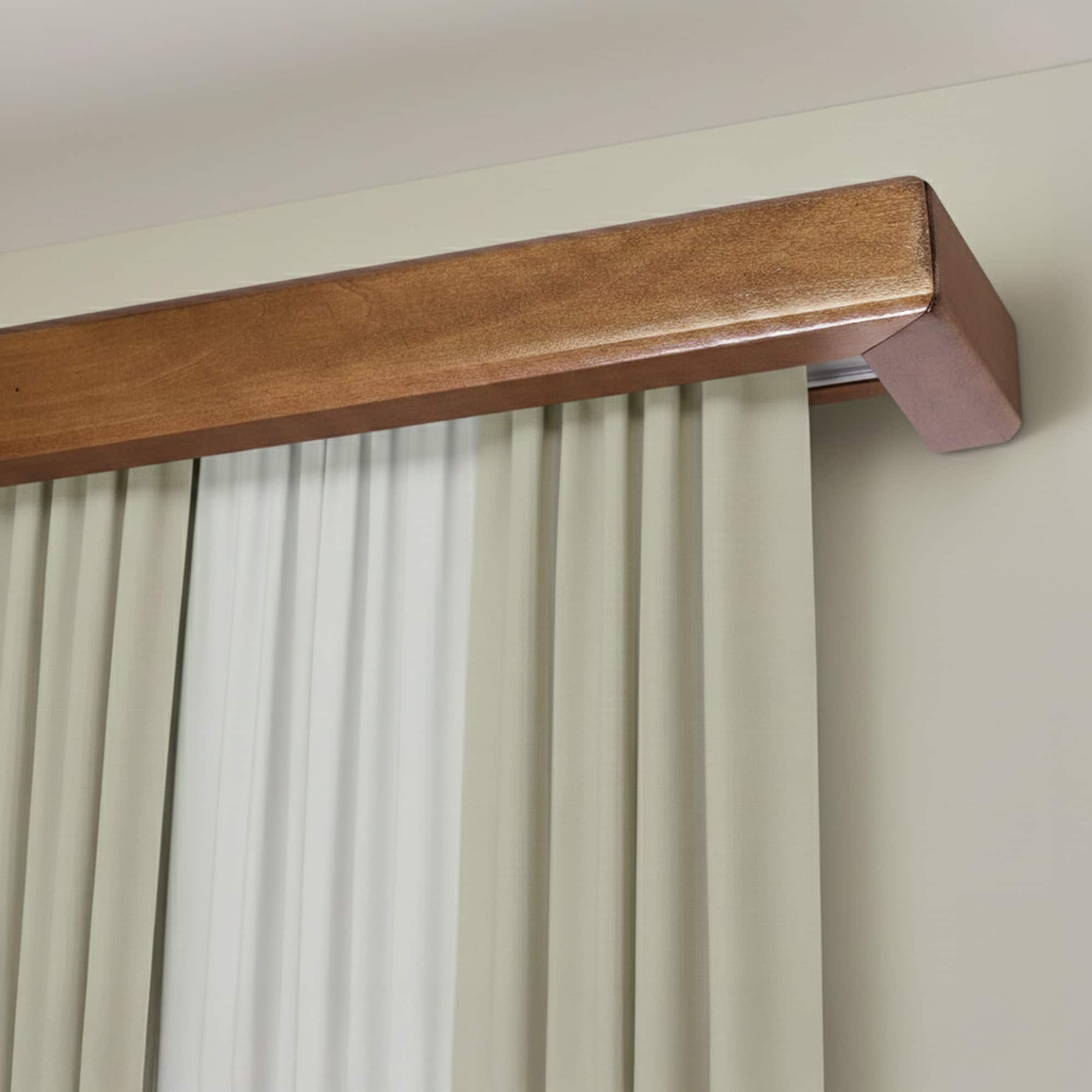 Curtain and drape track system with square wooden valance