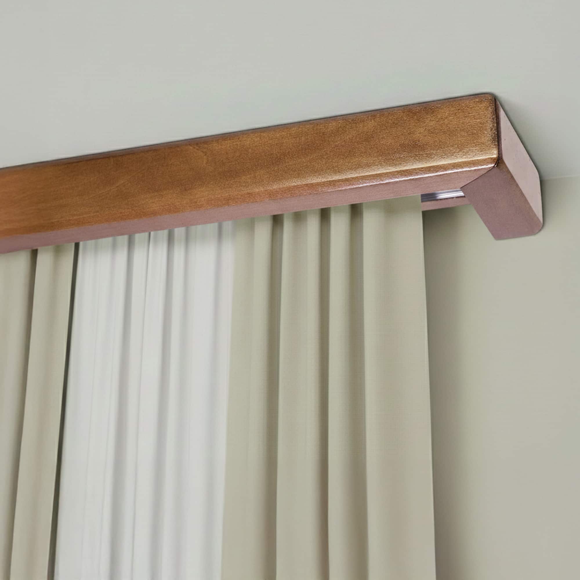 Curtain and drape track system with square wooden valance