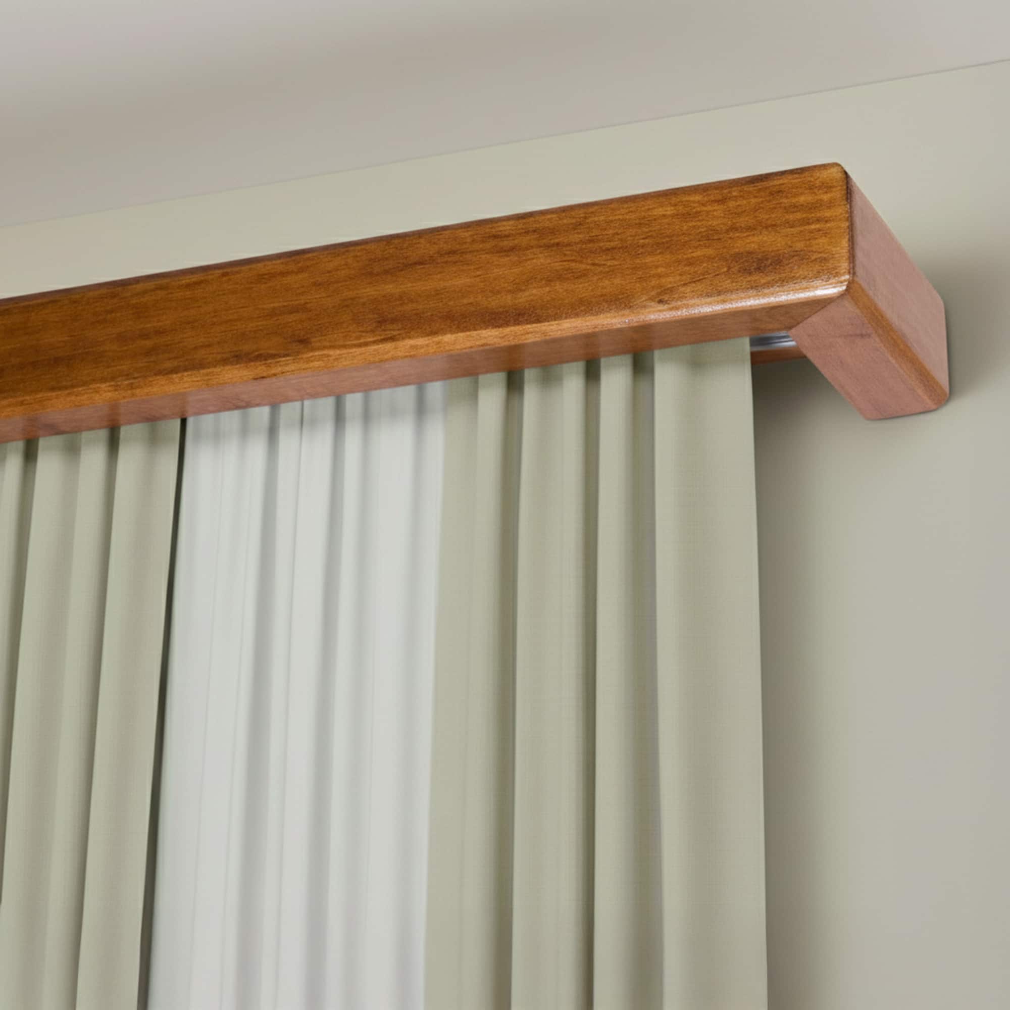 Curtain and drape track system with square wooden valance