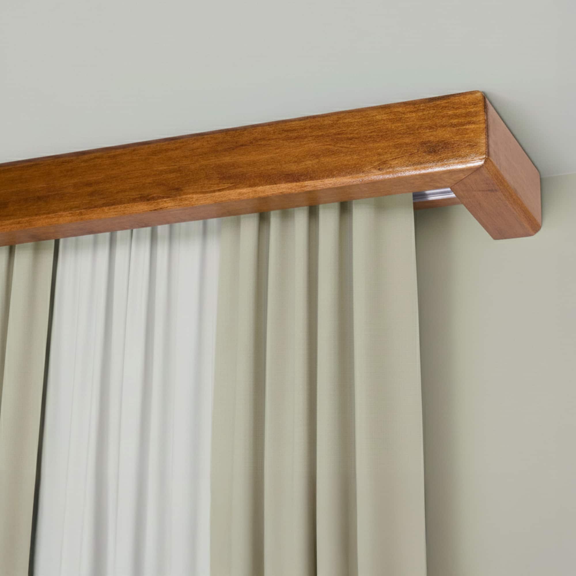 Curtain and drape track system with square wooden valance